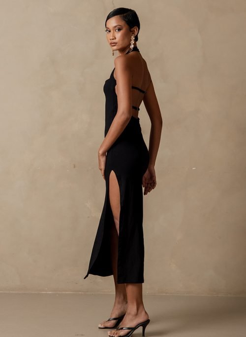 Enigma Halter Neck Rib Stretchy Dress – Black12147 Enigma Halter Neck Rib Stretchy Dress – Black12147