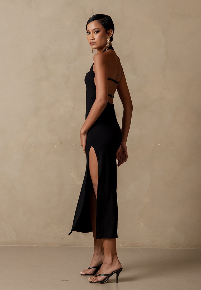 Enigma Halter Neck Rib Stretchy Dress – Black12147 Enigma Halter Neck Rib Stretchy Dress – Black12147