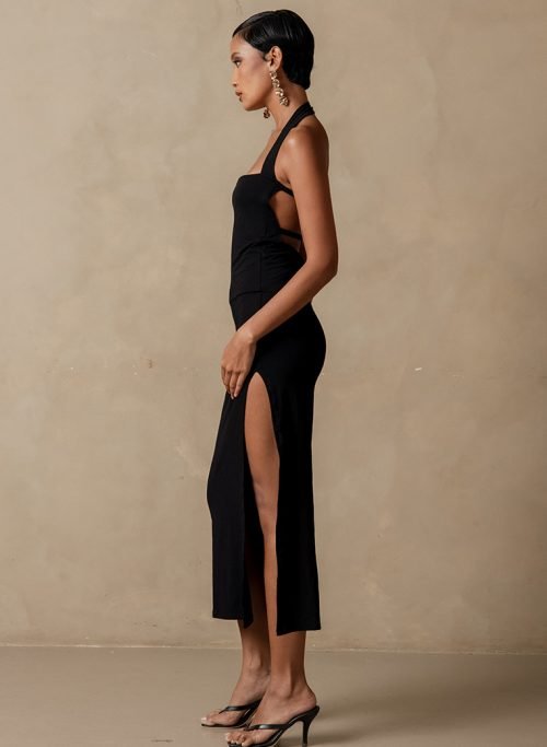 Enigma Halter Neck Rib Stretchy Dress – Black12148 Enigma Halter Neck Rib Stretchy Dress – Black12148