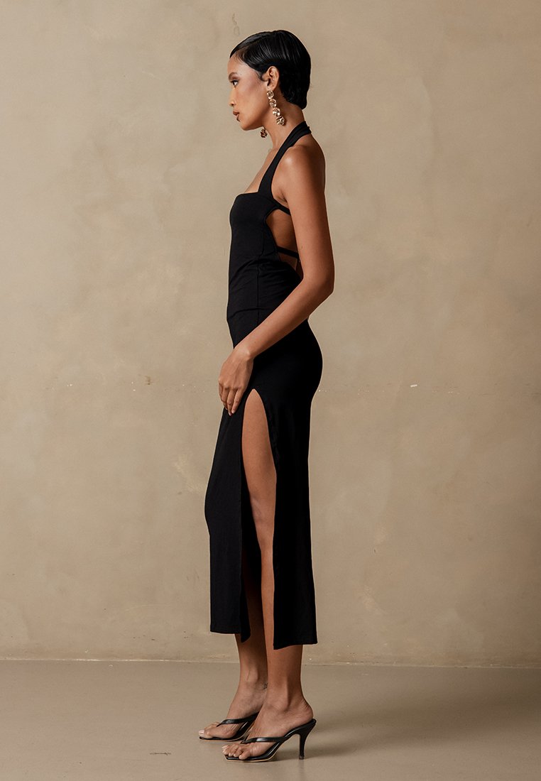 Enigma Halter Neck Rib Stretchy Dress – Black12148 Enigma Halter Neck Rib Stretchy Dress – Black12148